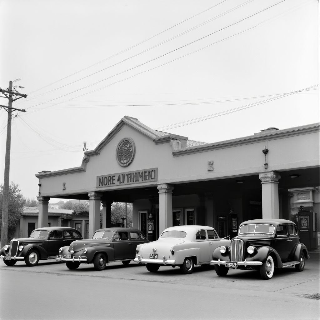 Foto histórica de una estación de servicio YPF en blanco y negro.
